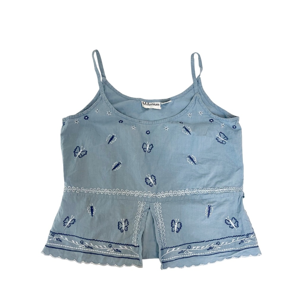 Vintage Millenium Blue Cotton Embroidered Butterfly Tank Top Y2K Festival MEDIUM
